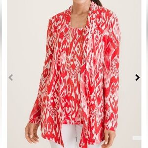 Chicos Women’s Ikat 100% Linen Cardigan Red‎ White Open Long Sleeve Modest